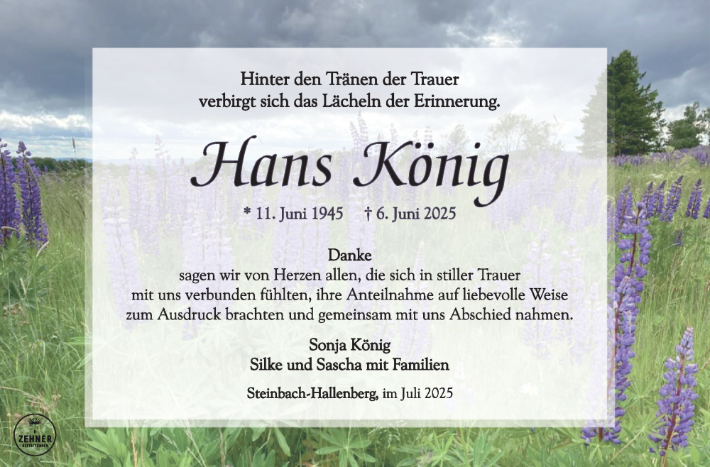  Traueranzeige für Hans König vom 19.07.2025 aus Südthüringer Presse