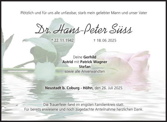 Traueranzeige von Hans-Peter Süss von Neue Presse Coburg