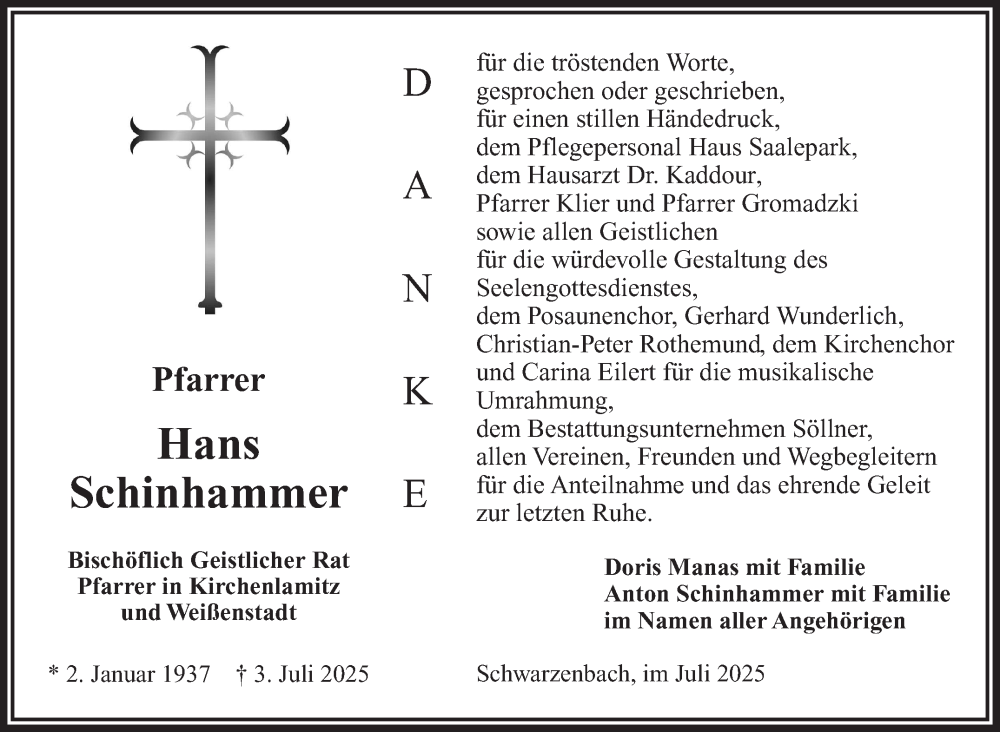  Traueranzeige für Hans Schinhammer vom 19.07.2025 aus Südthüringer Presse