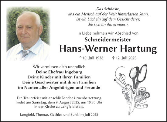 Traueranzeige von Hans-Werner Hartung von Südthüringer Presse
