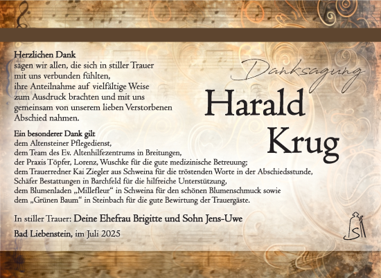 Traueranzeige von Harald Krug von Südthüringer Presse