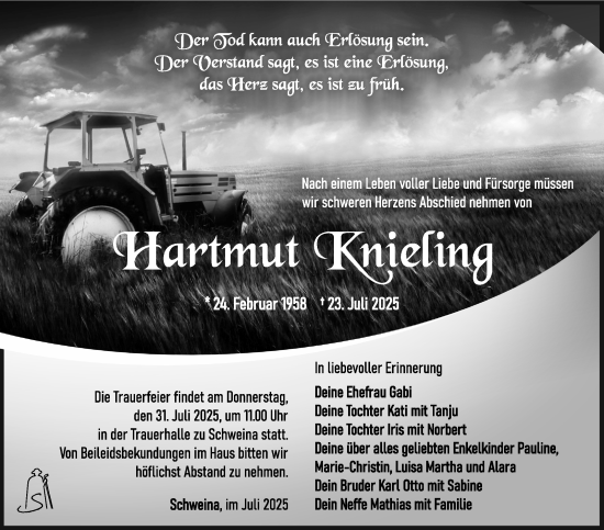 Traueranzeige von Hartmut Knieling von Südthüringer Presse