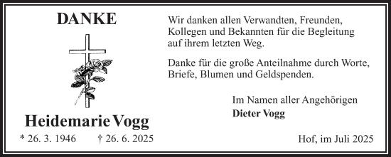 Traueranzeige von Heidemarie Vogg von Frankenpost