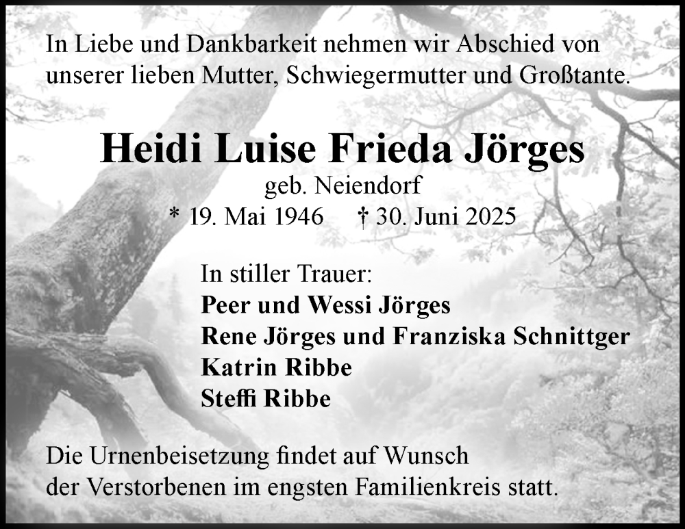  Traueranzeige für Heidi Luise Frieda Jörges vom 12.07.2025 aus Südthüringer Presse
