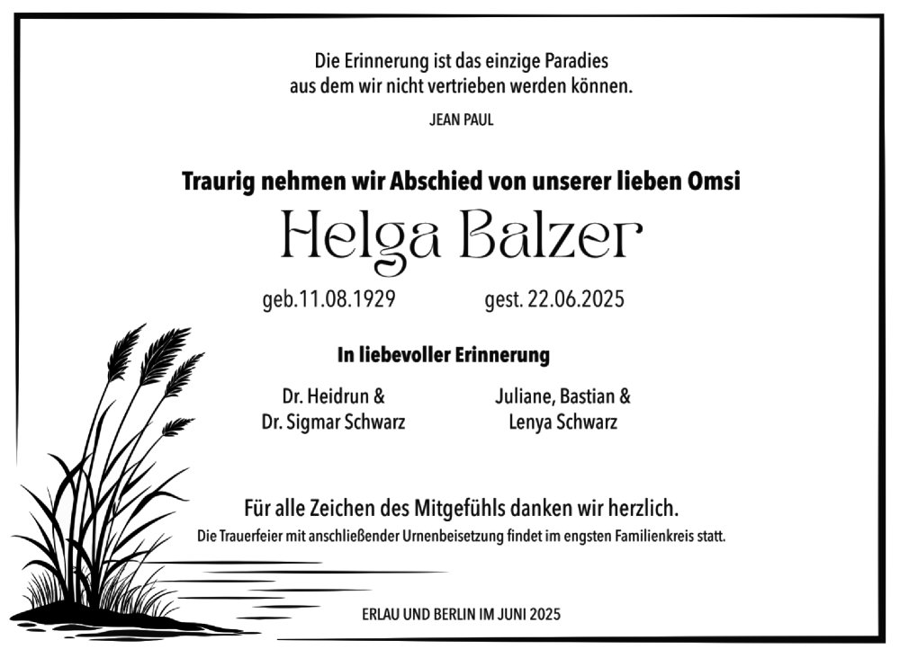  Traueranzeige für Helga Balzer vom 05.07.2025 aus Südthüringer Presse