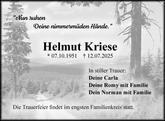 Traueranzeige von Helmut Kriese von Südthüringer Presse
