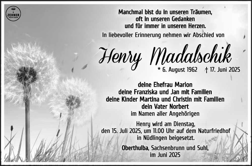  Traueranzeige für Henry Madalschik vom 05.07.2025 aus Südthüringer Presse