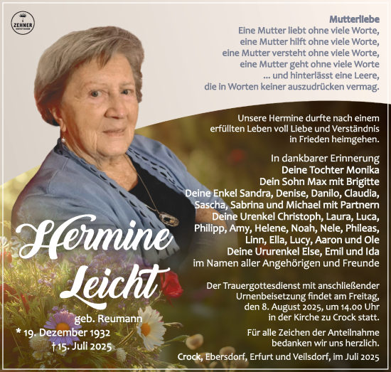 Traueranzeige von Hermine Leicht von Südthüringer Presse