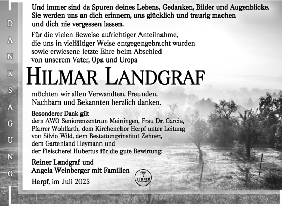 Traueranzeige von Hilmar Landgraf von Südthüringer Presse