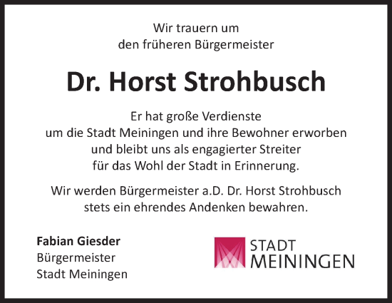 Traueranzeige von Horst Strohbusch von Südthüringer Presse