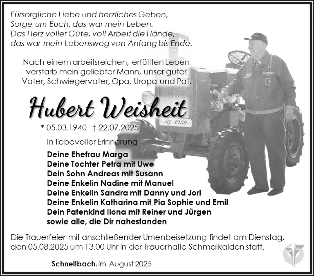  Traueranzeige für Hubert Weisheit vom 01.08.2025 aus Südthüringer Presse