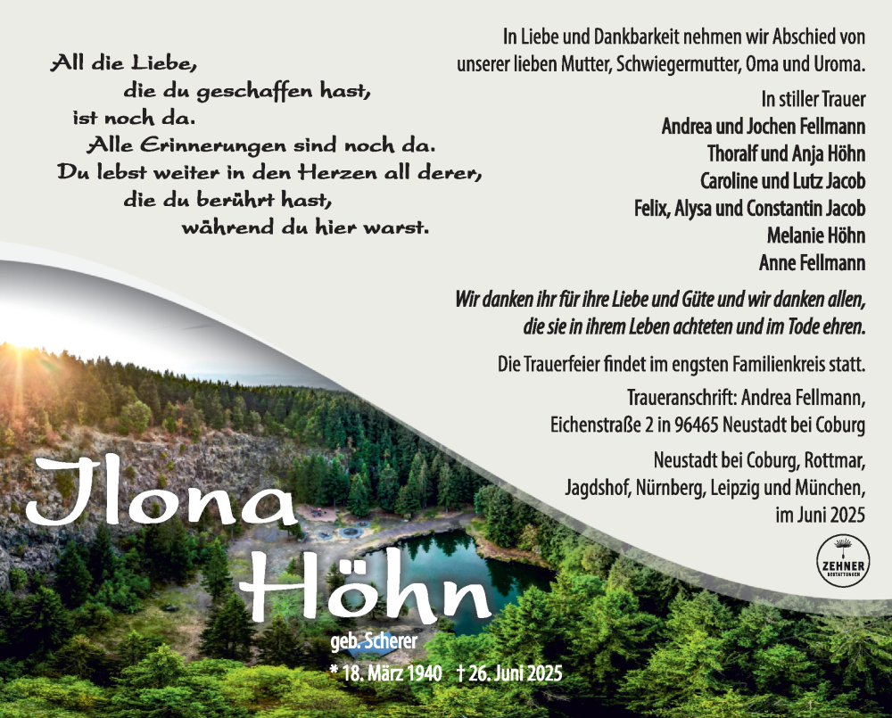 Traueranzeige für Ilona Höhn vom 05.07.2025 aus Südthüringer Presse