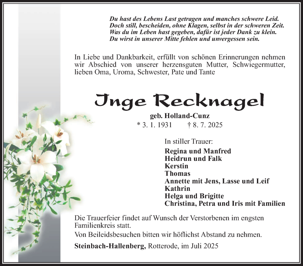  Traueranzeige für Inge Recknagel vom 17.07.2025 aus Südthüringer Presse