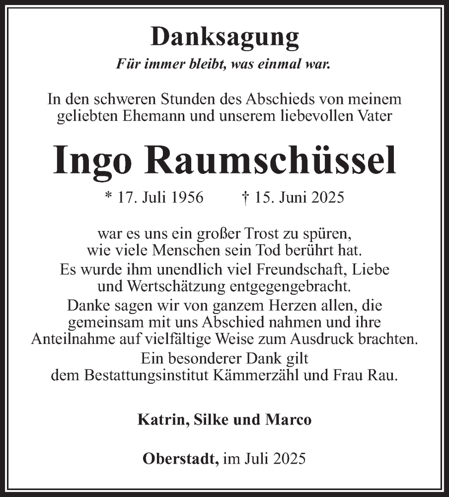  Traueranzeige für Ingo Raumschüssel vom 26.07.2025 aus Südthüringer Presse