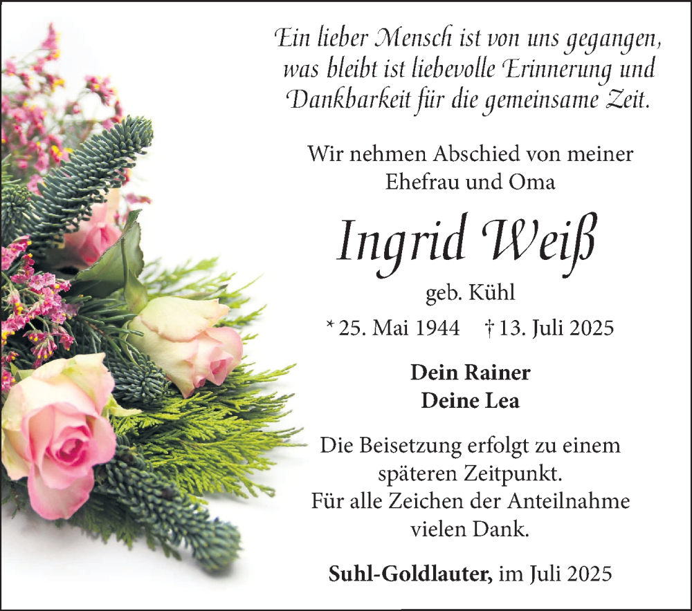  Traueranzeige für Ingrid Weiß vom 26.07.2025 aus Südthüringer Presse