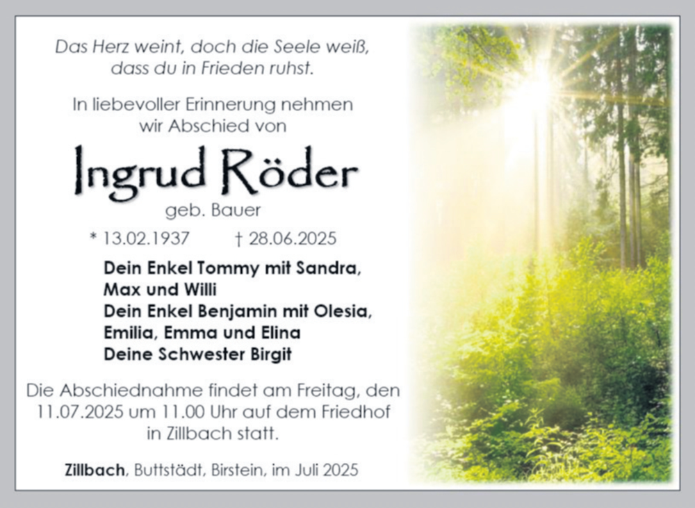  Traueranzeige für Ingrud Röder vom 08.07.2025 aus Südthüringer Presse