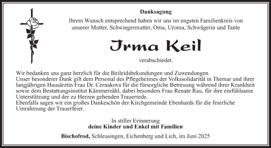 Traueranzeige von Irma Keil von Südthüringer Presse
