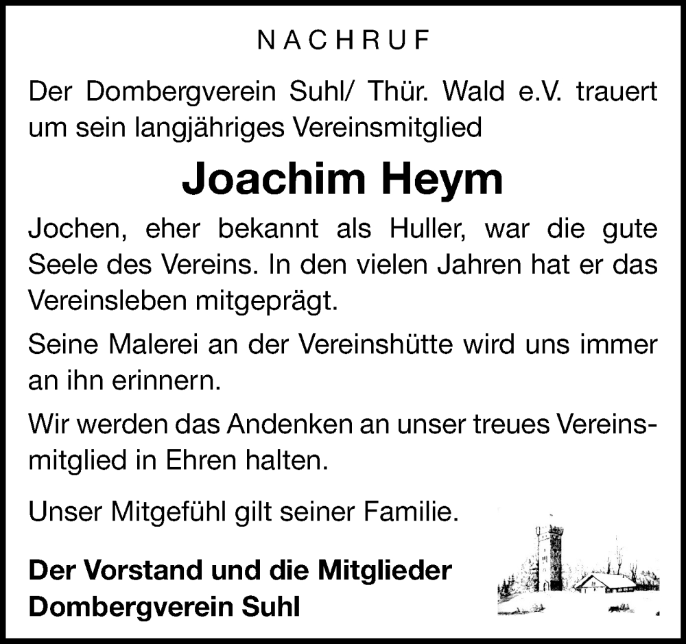  Traueranzeige für Joachim Heym vom 26.07.2025 aus Südthüringer Presse