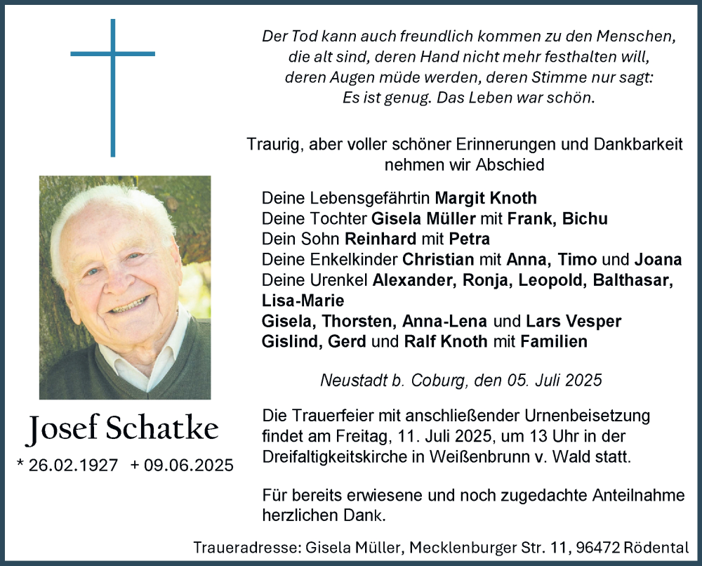  Traueranzeige für Josef Schatke vom 05.07.2025 aus Neue Presse Coburg