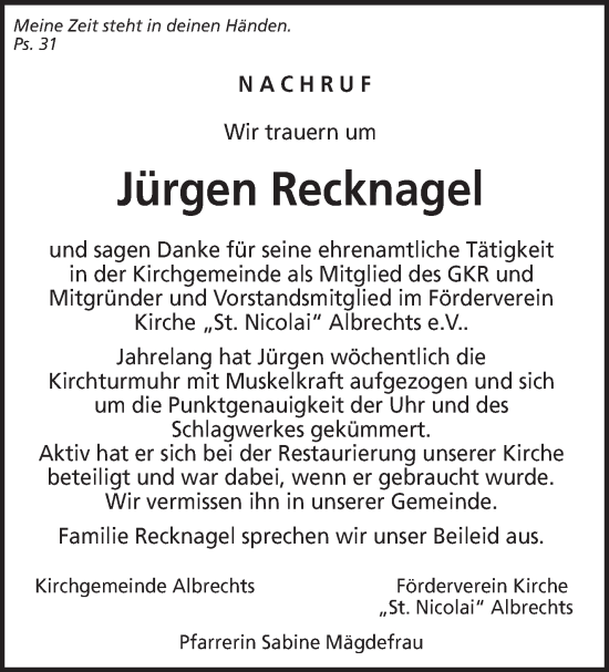 Traueranzeige von Jürgen Recknagel von Südthüringer Presse
