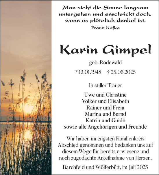 Traueranzeige von Karin Gimpel von Südthüringer Presse