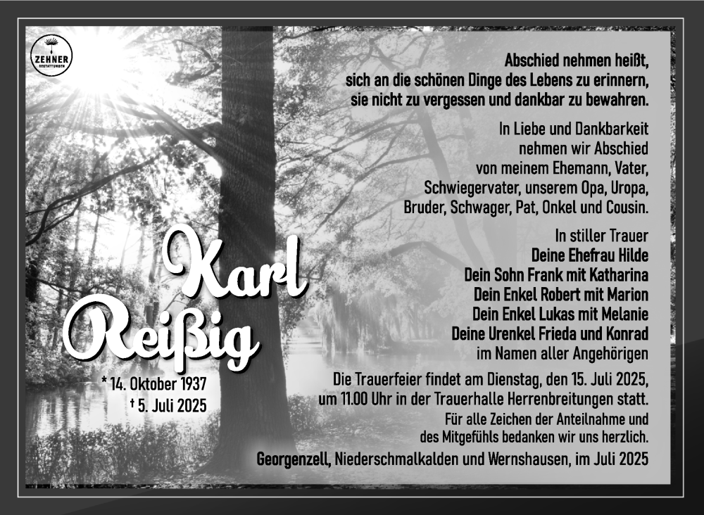  Traueranzeige für Karl Reißig vom 12.07.2025 aus Südthüringer Presse