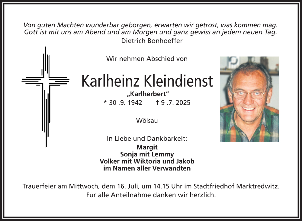  Traueranzeige für Karlheinz Kleindienst vom 12.07.2025 aus Frankenpost