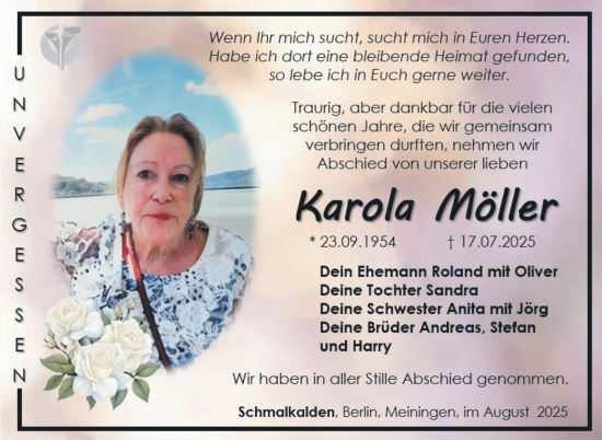 Traueranzeige von Karola Möller von Südthüringer Presse