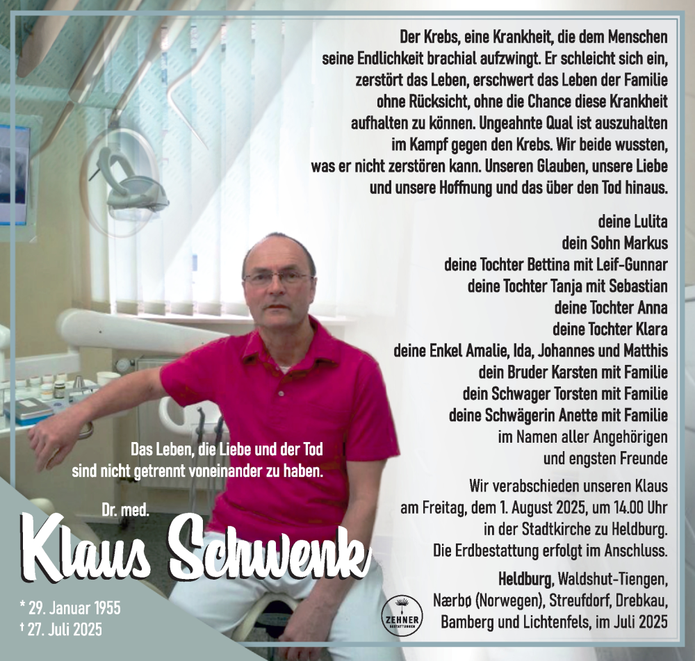  Traueranzeige für Klaus Schwenk vom 30.07.2025 aus Südthüringer Presse