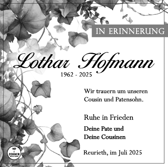 Traueranzeige von Lothar Hofmann von Südthüringer Presse