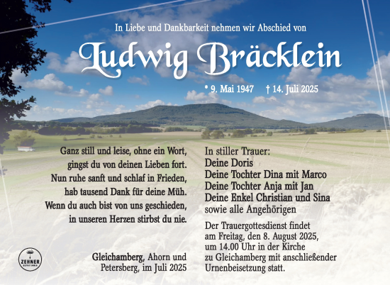 Traueranzeige von Ludwig Bräcklein von Südthüringer Presse