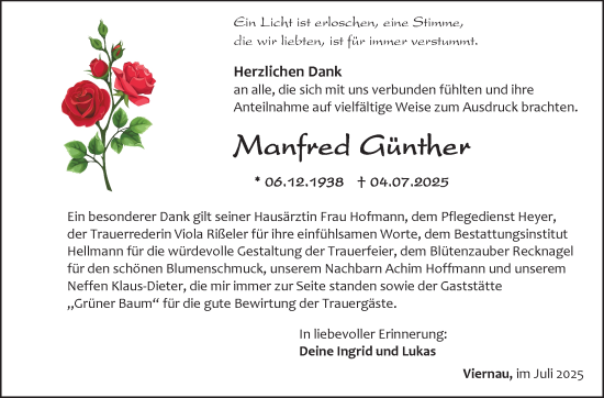 Traueranzeige von Manfred Günther von Südthüringer Presse