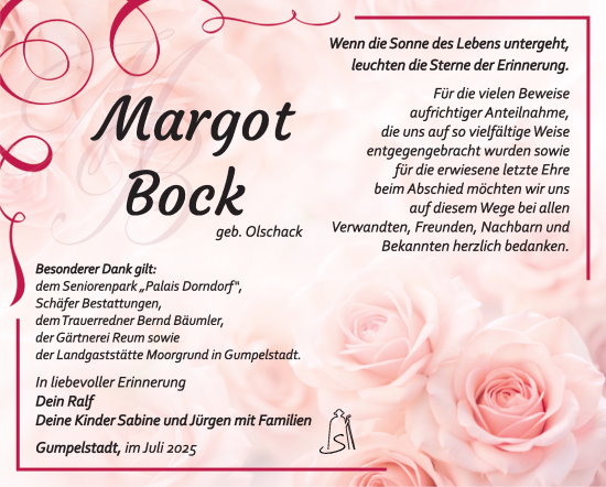 Traueranzeige von Margot Bock von Südthüringer Presse