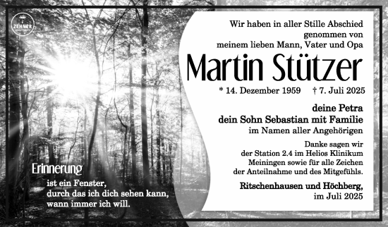 Traueranzeige von Martin Stützer von Südthüringer Presse