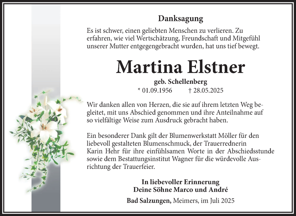  Traueranzeige für Martina Elstner vom 12.07.2025 aus Südthüringer Presse