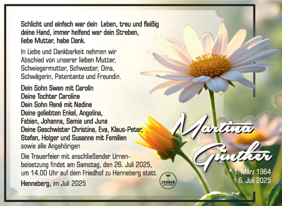 Traueranzeige von Martina Günther von Südthüringer Presse