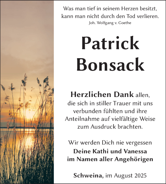 Traueranzeige von Patrick Bonsack von Südthüringer Presse