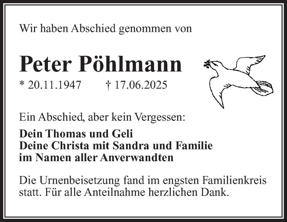  Traueranzeige für Peter Pöhlmann vom 05.07.2025 aus Frankenpost