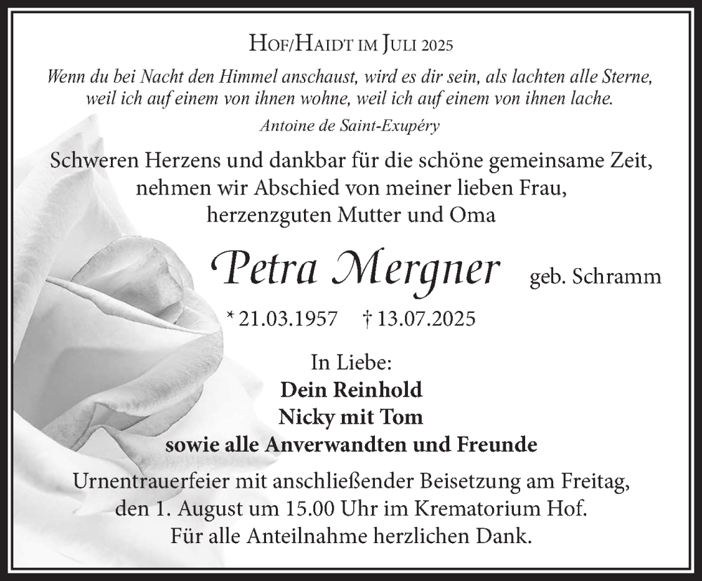  Traueranzeige für Petra Mergner vom 26.07.2025 aus Frankenpost
