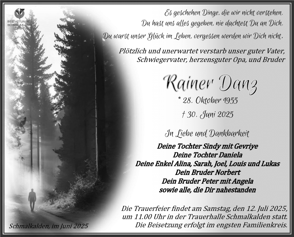  Traueranzeige für Rainer Danz vom 05.07.2025 aus Südthüringer Presse