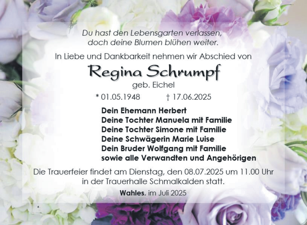  Traueranzeige für Regina Schrumpf vom 04.07.2025 aus Südthüringer Presse