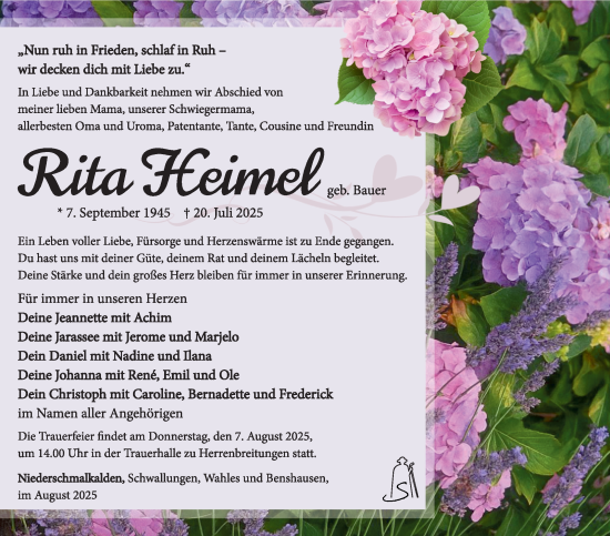 Traueranzeige von Rita Heimel von Südthüringer Presse