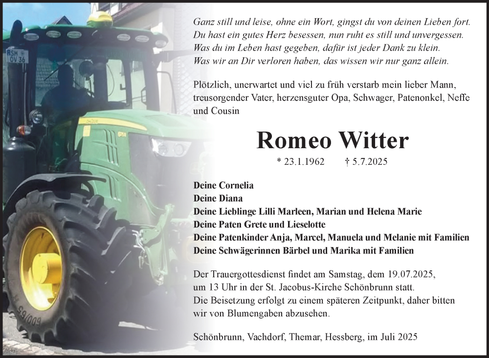  Traueranzeige für Romeo Witter vom 12.07.2025 aus Südthüringer Presse