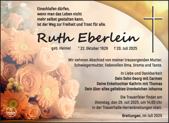 Traueranzeige von Ruth Eberlein von Südthüringer Presse