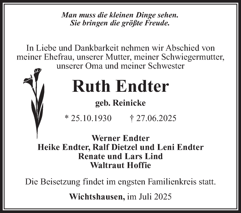  Traueranzeige für Ruth Endter vom 12.07.2025 aus Südthüringer Presse