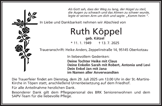 Traueranzeige von Ruth Köppel von Frankenpost