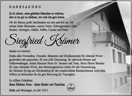 Traueranzeige von Siegfried Krämer von Südthüringer Presse