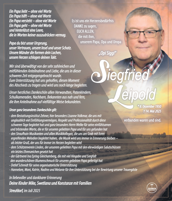 Traueranzeige von Siegfried Leipold von Südthüringer Presse