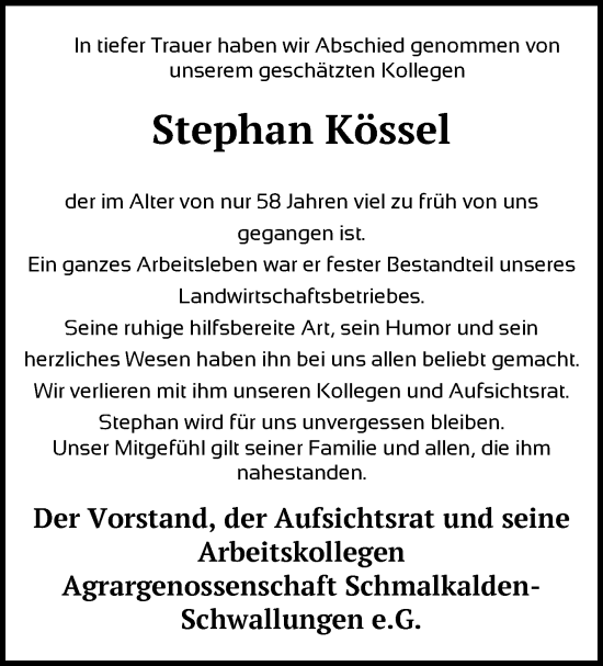 Traueranzeige von Stephan Kössel von Südthüringer Presse