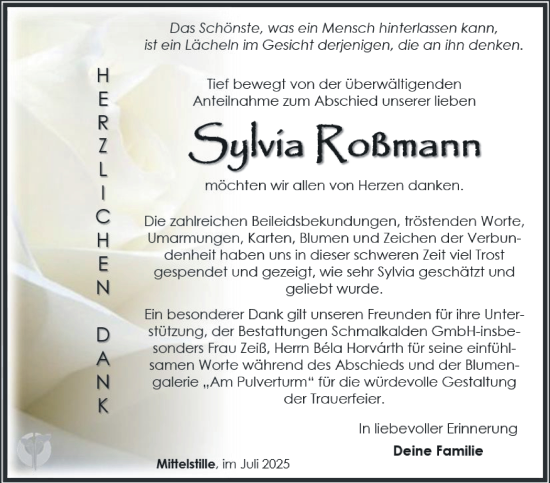 Traueranzeige von Sylvia Roßmann von Südthüringer Presse